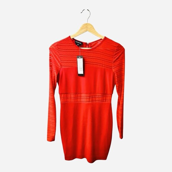 BeBe Red Long Sleeve Striped Mesh Mini Dress Size XS Party Formal Back Zipper - Picture 5 of 11